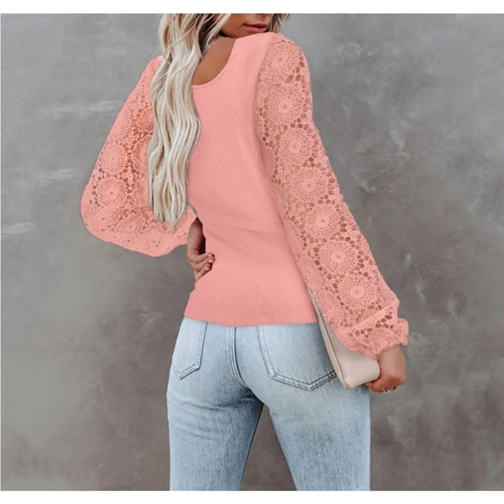 Pink lace/crochet sleeve top NWOT